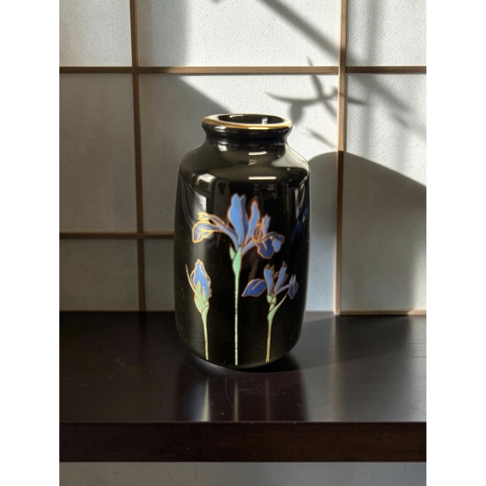 Vintage Otagiri Blue Iris Miniature Bud Vase Black Made in Japan Gold Trim